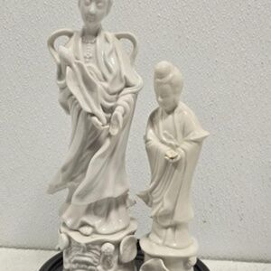 Vintage Set of 2 Porcelain Asian Decor on Wood Stand Home Accents Office Library